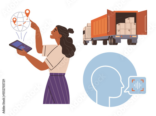 Woman interacting with tablet, world map with location pins, freight truck with cargo, and voice command icon. Ideal for logistics, technology, transportation, global trade, supply chain