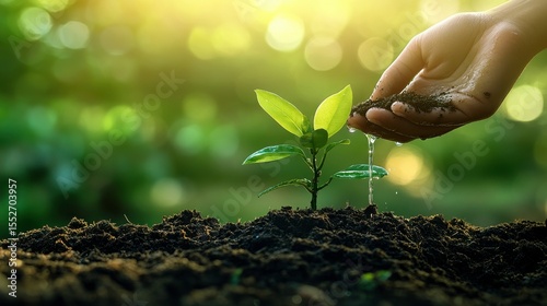 Nurturing Growth: Hand Watering a Sapling: A close-up shot of a hand tenderly watering a young sapling, a symbol of growth, care, and the nurturing of potential.