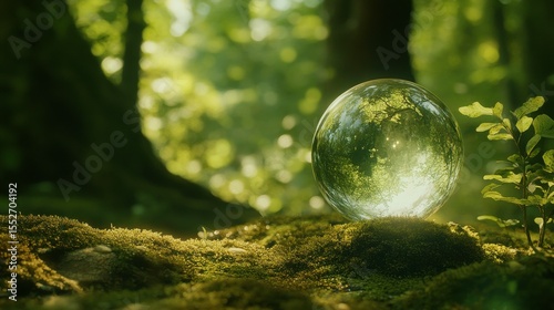 Crystal Ball in Forest: A mystical crystal ball resting in a lush forest setting, mirroring the vibrant green of the surrounding vegetation. A visual embodiment of mystery, wonder and spiritualism. 
