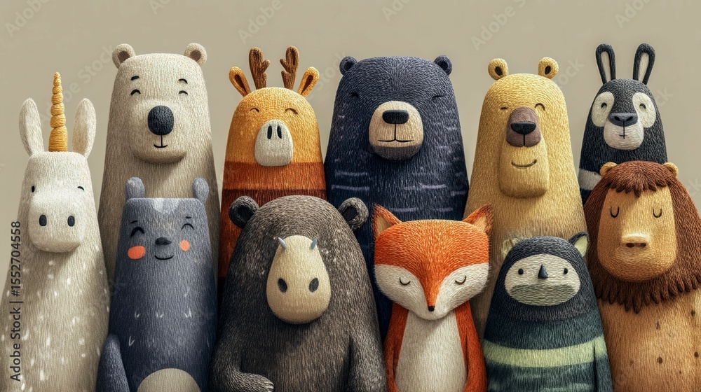 Obraz premium A group of stuffed animals, including bears, rabbits, and unicorns, are lined up together