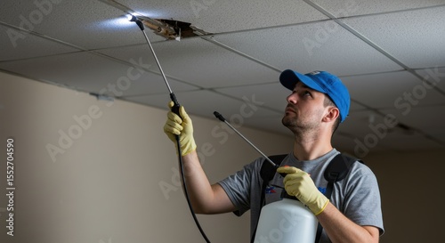 Professional worker disinfecting damaged ceiling indoor pest control professional maintenance