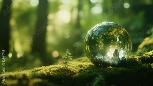The Magic Lens: A clear orb reflects the vibrant details of an old-growth forest, symbolizing the preservation and delicate balance of nature, set against the backdrop of an old-growth forest.
