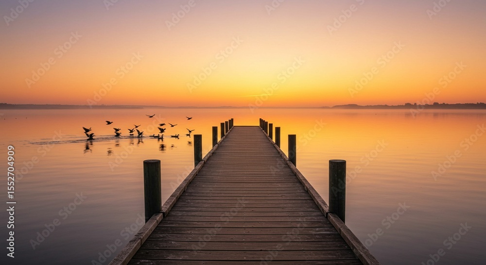 Naklejka premium Sunrise over lake pier scene