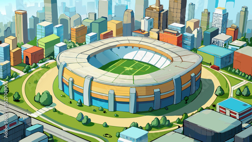 Dynamic stadium rendering standing tall amongst a bustling city with flat vector
