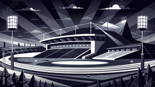 Futuristic stadium night vector illustration, monochrome sports arena skyline, modern architecture SVG for posters and branding