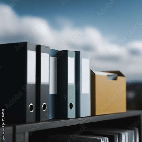 Archival Symphony: A neat row of ring binders in a modern office, each a silent testament to organization, documentation, and the meticulous management of essential information against a serene sky.