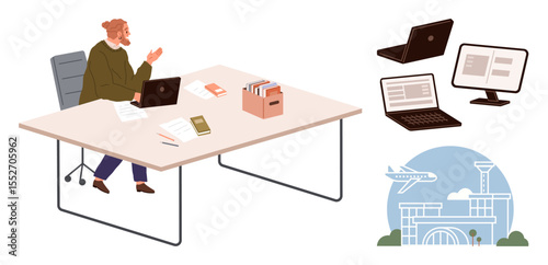 Man working at desk with laptop, documents, and office supplies. Extra elements laptops, screens, and airport scene. Ideal for business, travel, remote work productivity efficiency planning