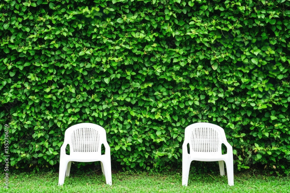Two white plastic chairs facing a dense green hedge (1) Two white plastic chairs facing a dense green hedge (1)