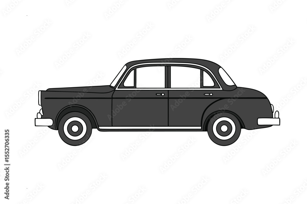 Fototapeta premium Vintage Sedan: A classic black sedan, a symbol of timeless elegance, stands in profile, showcasing its iconic design and enduring appeal.