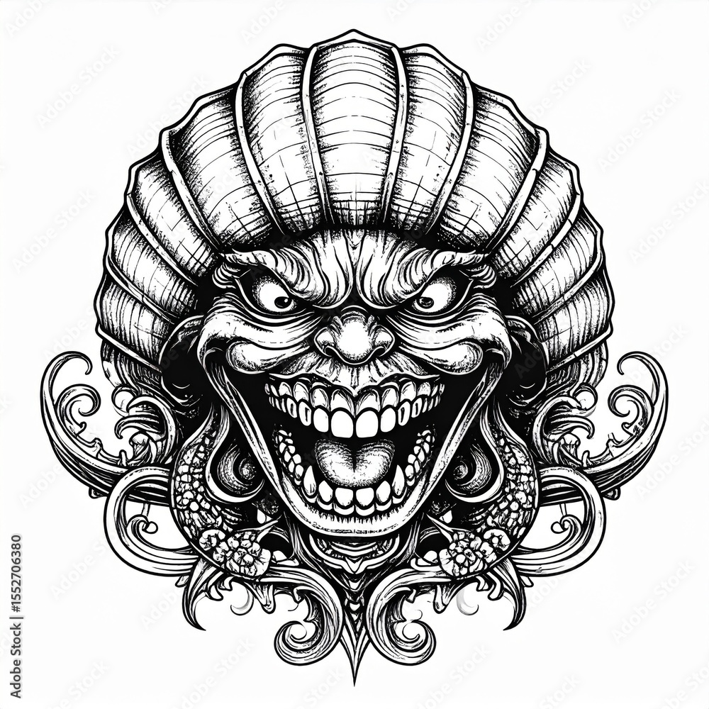 Fototapeta premium Frightening Black And White Monster Face Illustration