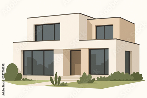 Modern two-story house illustration with landscaping, showcasing architectural design.