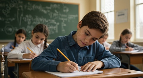 School children focused on learning activity in classroom