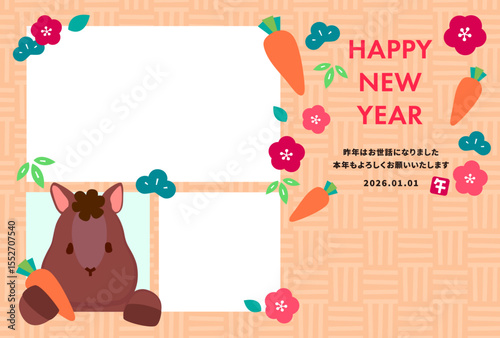 かわいい馬が窓から顔を出しているカラフルな2026年午年フォト年賀状　オレンジ背景