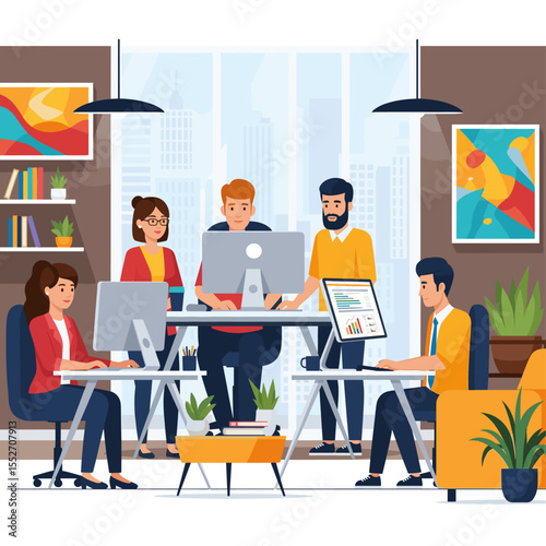Concept vector illustration of businessman's computer work.