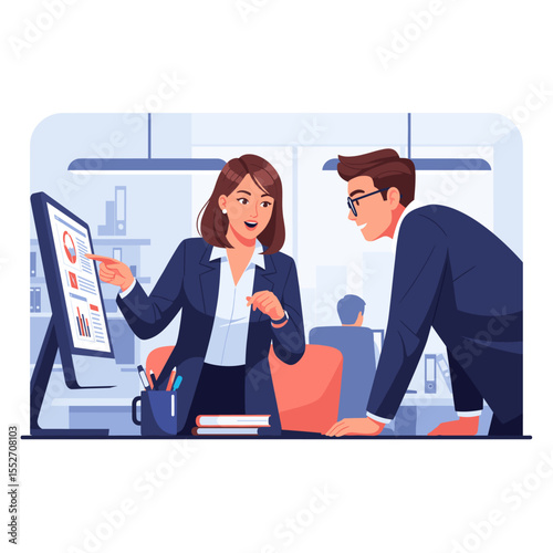 Concept vector illustration of businessman's computer work.