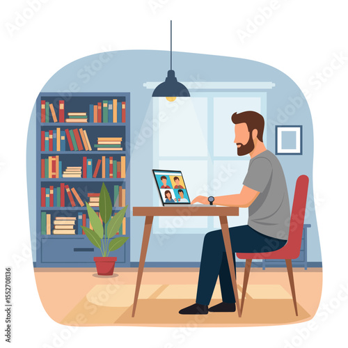 Concept vector illustration of businessman's computer work.