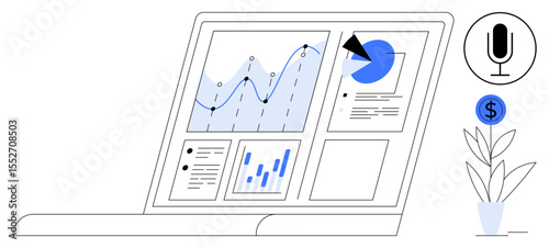 Open laptop with multiple data charts, line graphs, and pie charts on screen. Includes microphone icon, coin dollar symbol, and potted plant. Ideal for analytics, finance, tech startups data