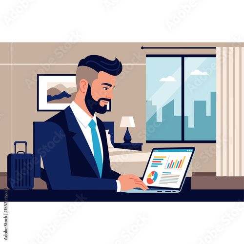 Concept vector illustration of businessman's computer work.