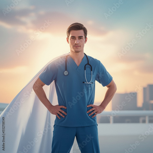 A digital illustration of a heroic healthcare worker wearing a medical uniform and a glowing cape, symbolizing strength, courage, and compassion