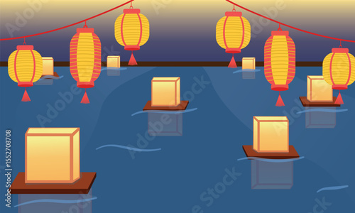 Japan Obon festival. Lantern Obon japan festival with a background of yellow to  dark blue, conveying the feeling of night festival with lights from the background of lanterns.  Summer festival