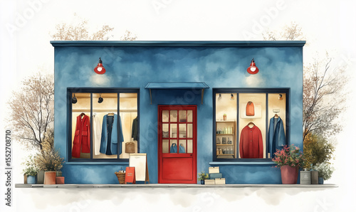 Street boutique with clothes, shoes and accessories in blue style. Watercolor style illustration