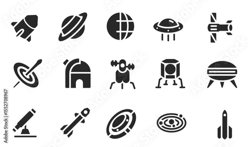 Space Glyph Icons Including Moon Lander, Black Hole, Rocket, Earth, Spacecraft, Rocket, Disc, Moon Lander, Observatory, Ufo, Saturn, Telescope, Solar System, Ufo, Telescope. vector