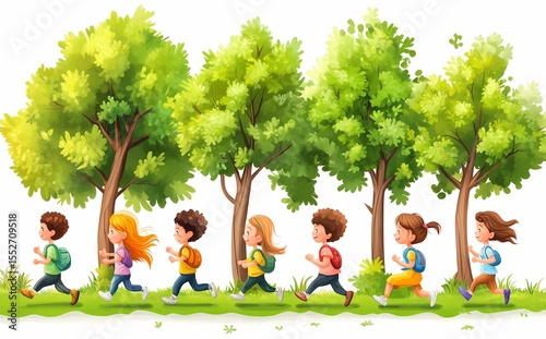 Happy children walk one by one through the forest to school
