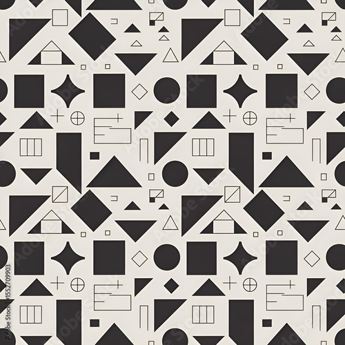 Vector Seamless Black and White Retro 80's Jumble Geometric Line Shapes Hipster Pattern