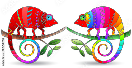 An illustration in the style of a stained glass window with bright chameleons, bright animals isolated on a white background