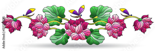 A stained glass illustration with flowers, lotus flower leaves and dragonflies, isolated on a white background