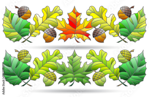 Set of stained glass illustrations with autumn leaves and acorns, isolated on a white background