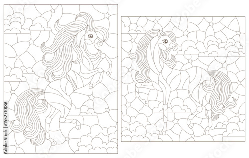Set of contour illustrations in the style of a stained glass window with cute horses, dark outlines on a white background