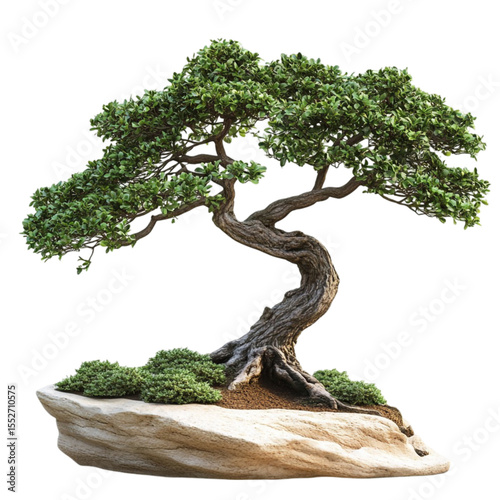 A majestic bonsai tree in a stone pot displayed against a colorful striped background