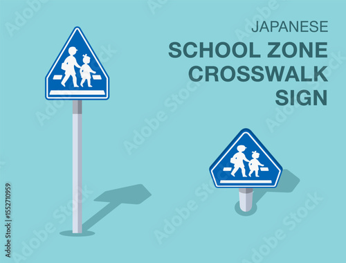 Traffic regulation rules. Isolated japanese "school zone crosswalk" road sign. Front and top view. Flat vector illustration template.
