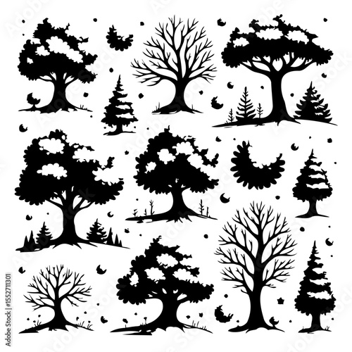 Silhouettes of diverse trees and conifers for graphic design applications vector