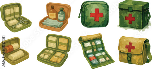 Watercolor Medical Kits and Military Stretchers in Survival Theme Tactical Emergency First Aid and Field Rescue Equipment Illustration Set | Generative AI