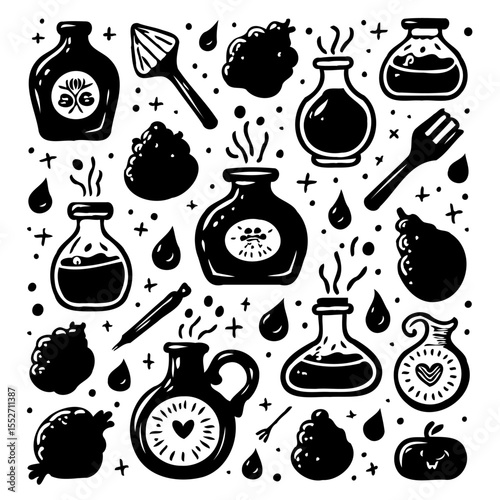 Mystical and whimsical potion bottles and ingredients for magical concoctions