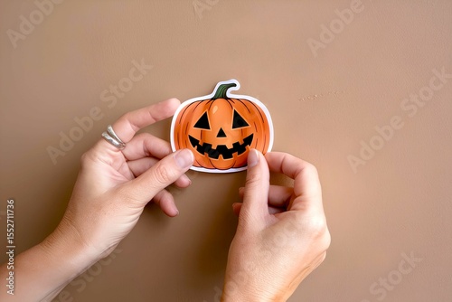 A person hand is attaching a Halloween pumpkin sticker on a wall