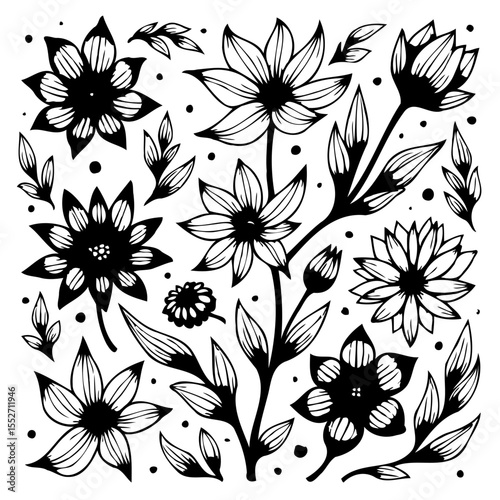 Elegant black and white floral pattern with delicate petals and leaves design