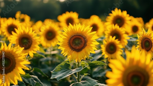 Bright yellow sunflowers are in a field during golden hour light