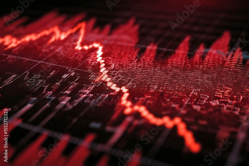 Stock market diagraph showing downturn crash and recession in red and black colors with selective focus and blurred background