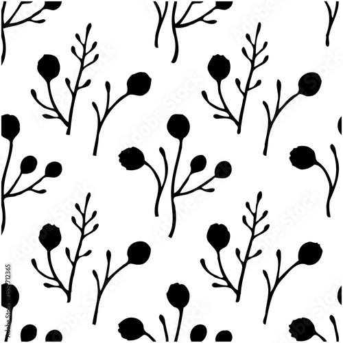 Elegant floral seamless pattern with black stylized berries and twigs design