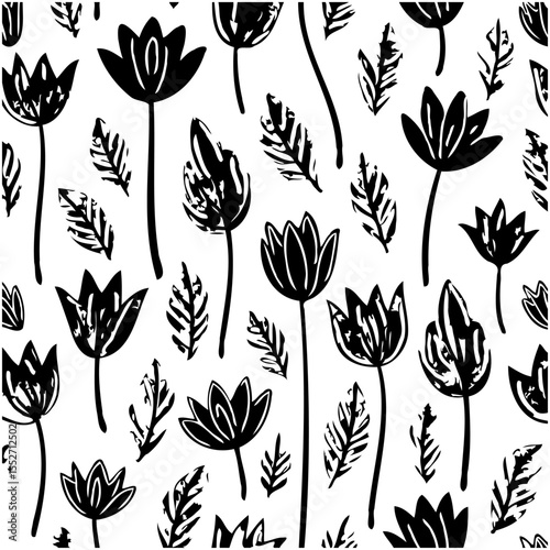 Elegant black and white floral pattern with stylized tulip flowers and leaves