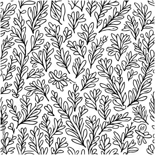 Seamless botanical pattern of hand-drawn leaves and branches in black and white