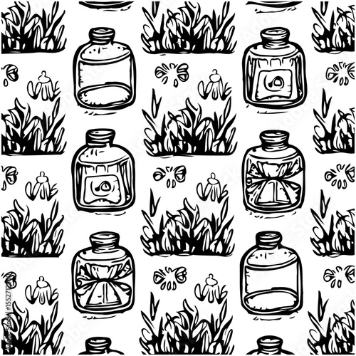 Hand-Drawn Vintage Apothecary Bottles and Medicinal Herbs in Seamless Pattern