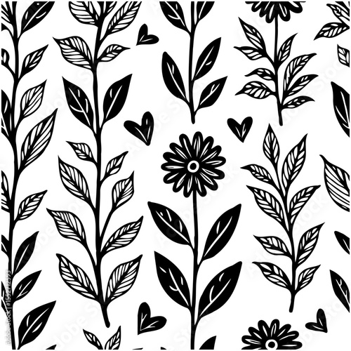 Elegant seamless pattern with floral and botanical elements in black and white
