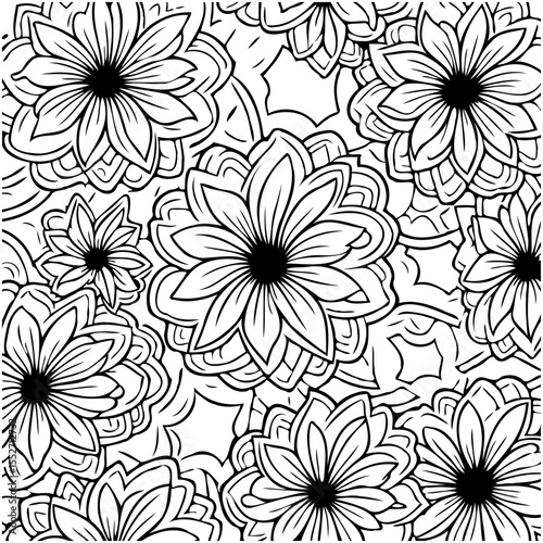 Monochrome floral pattern design for coloring books, intricate and repetitive