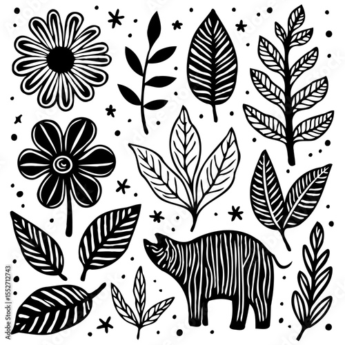 Whimsical Black and White Floral and Animal Illustration with Hand-Drawn Elements