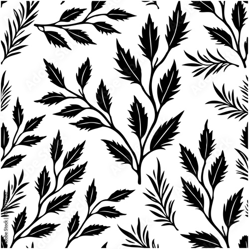 Elegant botanical seamless pattern with stylized leaves in black and white tones
