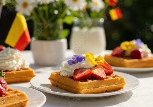 Belgian waffle with whipped cream and fresh strawberry, decorated with edible flowers, with Belgium flag on bright garden background for banner with copy space. Belgium's National Day.	
